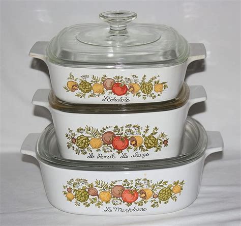 Price guide vintage corning ware markings. Source eBay. Offered for auction is a A-10-B casserole dish with glass lid in the Spice of Life pattern made by Corning Ware! It has the Spice of Life pattern on a white background and say "Le Romarin" on front and back. On the bottom it says "A-10-B" 9 3/4" x 9 3/4" x 2" It has a flat bottom and comes with a large lid for bigger cuts of meat. 