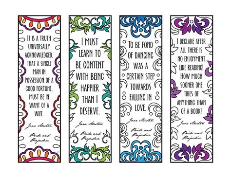 Pride and Prejudice Quote Bookmarks PDF Zentangle Coloring Page Scribble & Stitch