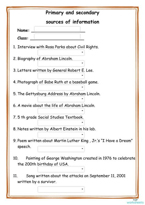 Primary and secondary sources. Interactive worksheet TopWorksheets