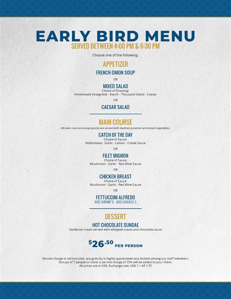 Prime catch early bird menu. Prime Catch Menu. Prime Catch Menu and Prices. 4.1 based on 98 votes Seafood; Choose My State. FL. Prime Catch Menu. Order Online. Appetizers: New England Clam Chowder: 0. $4.95 - $6.95: Old cape cod recipe. MORE. Crab & Corn Chowder: 0. $4.95 - $6.95: Southern style prepared with fresh tomato broth. MORE. Onion Soup: 0. 