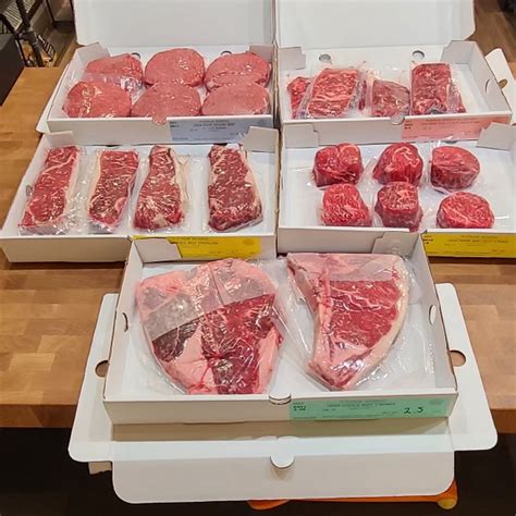 Prime house direct meats. Kinda funny they put up signs saying it's like $490/box market value. And then they offer them to you for much less. Leaning hard on that "it's a deal" thing. Pictures. 20 ribeye box for $40 1 "beef box". Totals: Advertised weight: 16.69lb. Scale weight: 16.76lb. Total Paid: $189.00. 