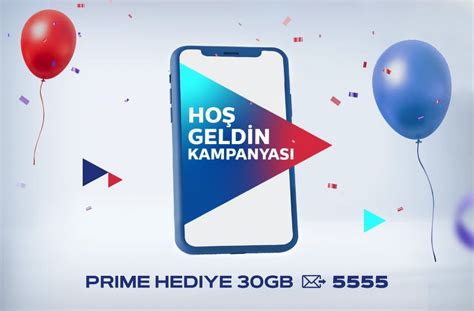 Prime olmayan tarifelerden Prime tarifelere geçiş yapan müşteriler, 90 gün içerisinde PRIME HEDIYE yazıp 5555'e SMS gönder erek hediye 30GB interneti kullanmaya başlayabilirler.