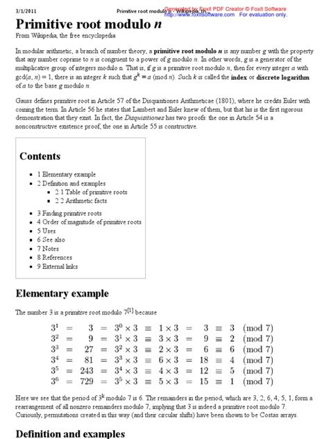 Primitive Root Modulo N Wikipedia