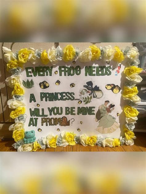 Princess and the frog promposal. 1. Beauty and The Beast. Instagram/@ashleywineland. This promposal is everything. Jake took a cue from Beauty and The Beast and filled a clear glass casing with a single rose, just like Beast did ... 