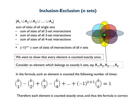 Principle of inclusion exclusion. 排容原理. 三個集的情況. 容斥原理 （inclusion-exclusion principle）又称 排容原理 ，在 組合數學 裏，其說明若 , ..., 為 有限集 ，則. 其中 表示 的 基數 。. 例如在兩個集的情況時，我們可以通過將 和 相加，再減去其 交集 的基數，而得到其 并集 的基數。. 