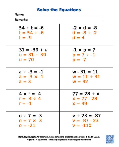 Print the Free Solving Equations Algebra 1 Worksheet Printable Version