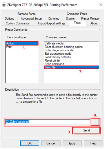 Print zpl file. Refer to Zebra Setup Utilities: Sending Printer Commands and Receiving Data. ...