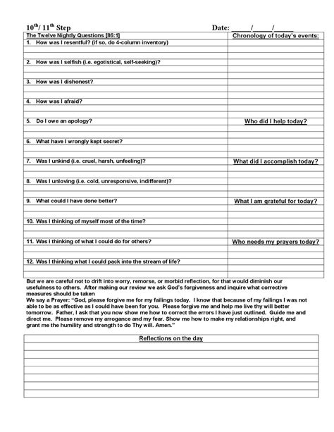 Printable 10th Step Inventory Worksheet