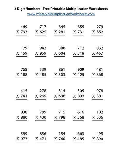 Printable 3 Digit Multiplication Worksheets