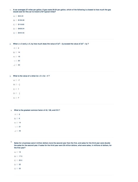 Printable Act Math Practice Test