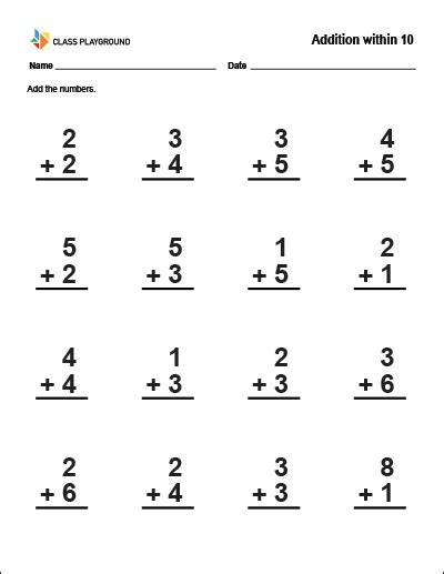 Printable Addition Within 10 Worksheet Class Playground