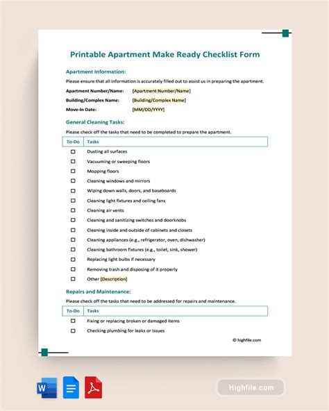 Printable Apartment Make Ready Checklist Form Highfile