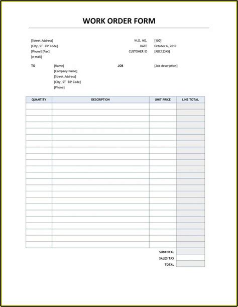 Printable Auto Repair Work Order Template Excel Resume Examples