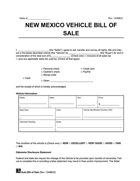Printable Bill Of Sale Nm