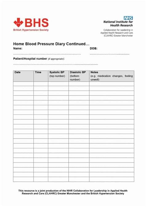 Printable Blood Pressure Chart Nhs