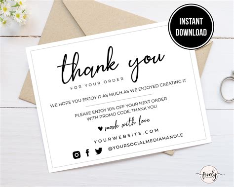 Printable Business Card Thank You Template, Etsy Seller thank you card