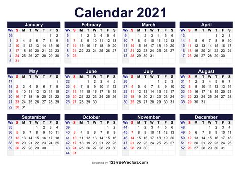 Printable Calendar 2021 Weekdays Only