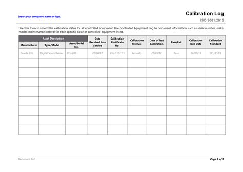 Printable Calibration Log Sheet