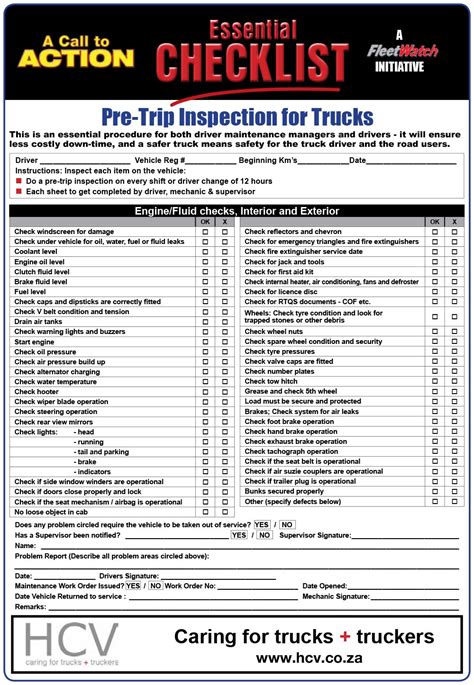 Printable Cdl Pre Trip Checklist Customize and Print