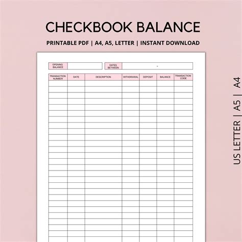 Printable Checkbook Register Check Book Balance Log Account …