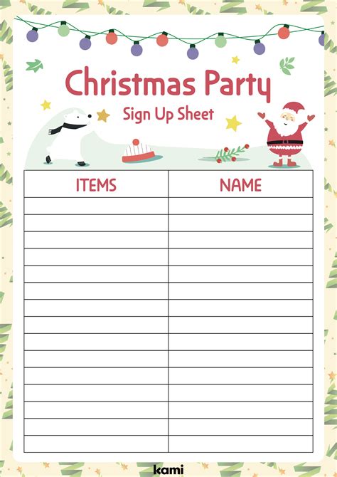 Printable Christmas Party Sign Up Shee