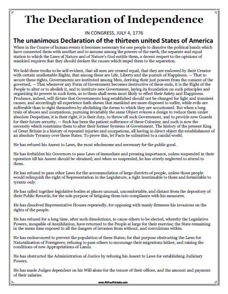 Printable Copy Declaration Independence and Simple Free