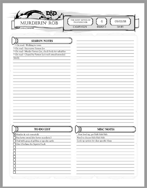 Printable D D Session Notes Template Printable Templates