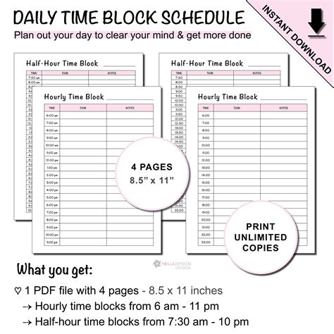 Printable Daily Time Block Schedules by Hour and Halfhour Etsy