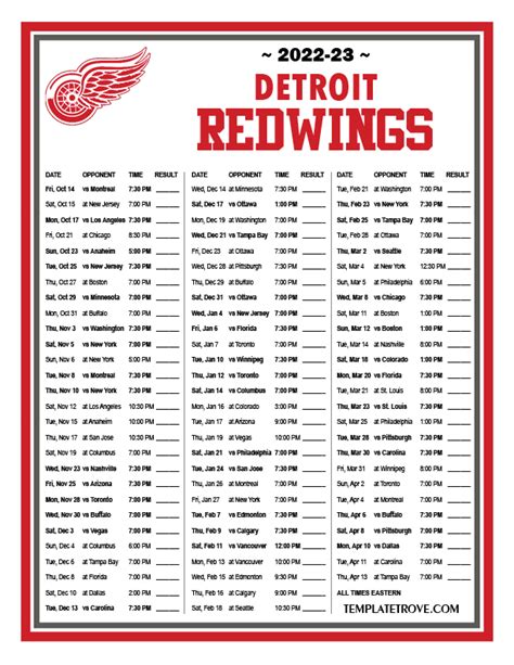Printable Detroit Red Wings Schedule