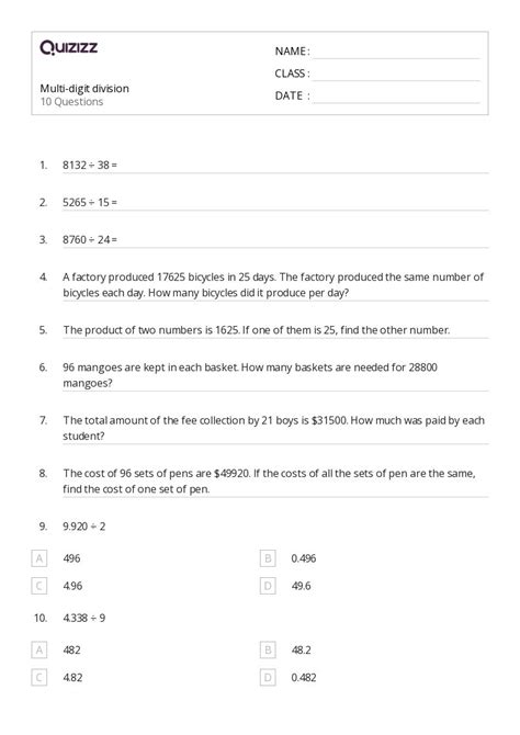 Printable Division with MultiDigit Numbers Worksheets Quizizz