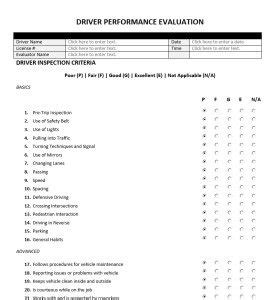 Printable Driver Performance Evaluation Form