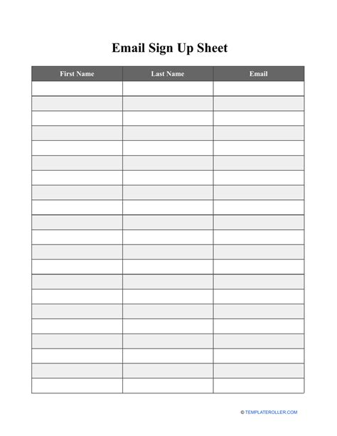 Printable Email Sign Up Sheet Template Free Blank Sample and Example