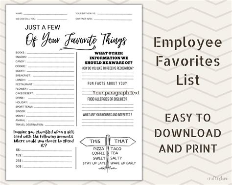 Printable Employee Favorite Things List Customize and Print