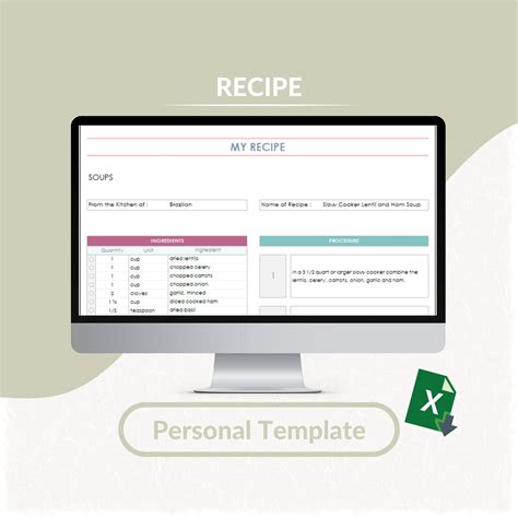 Printable Excel Recipe Planner Editable Spreadsheet Fillable Sheet