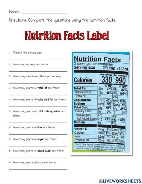 Printable Food Labels Serving Size Math Computation Worksheet