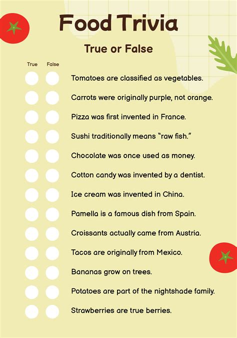 Printable Food Trivia