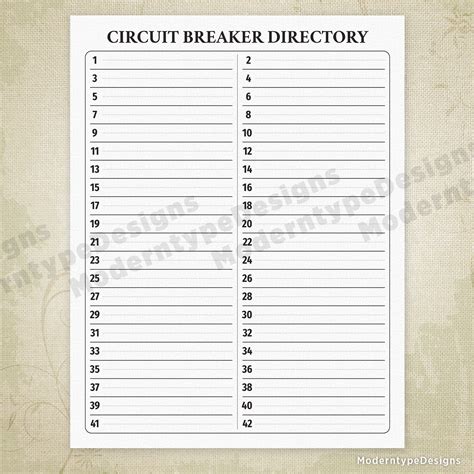 Printable Free Circuit Breaker Directory Template