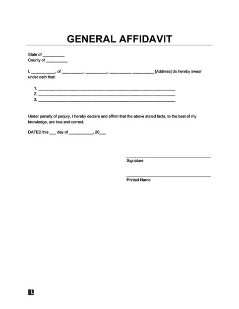 Printable General Affidavit Template Word piyushrajblogs