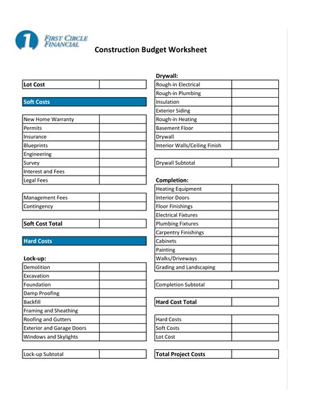 Printable Home Construction Budget Spreadsheet