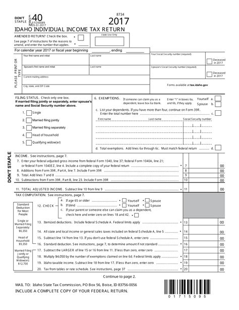 Printable Idaho Form 40 - Individual Income Tax Return