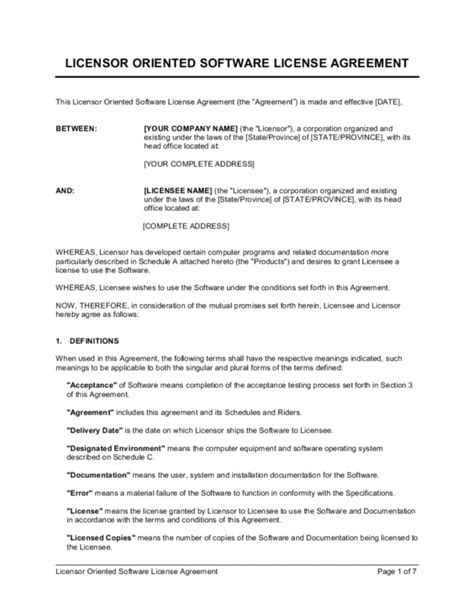 Printable Licensor Oriented Software License Agreement Template