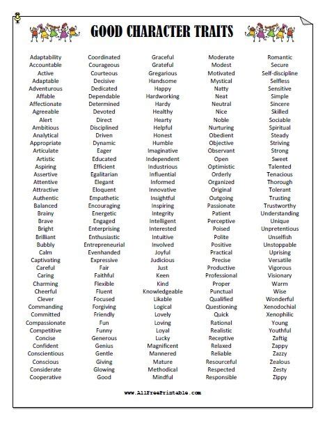 Printable List Of Good Character Traits