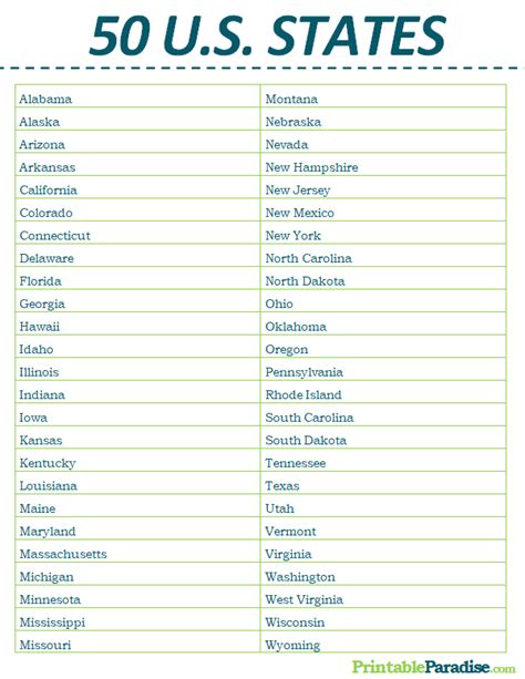 Printable List Of States