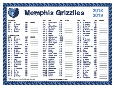 Printable Memphis Grizzlies Schedule