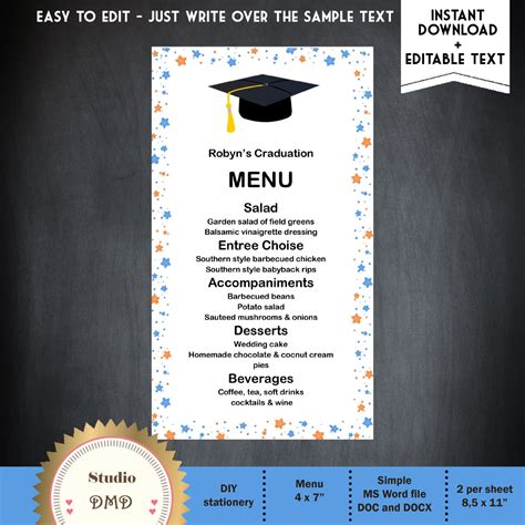 Printable Menu Card Template Graduation Dinner Menu Template Etsy