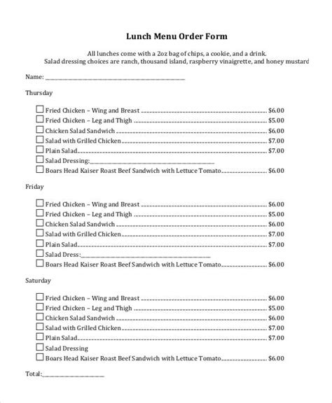 Printable Menu Order Form Templates at