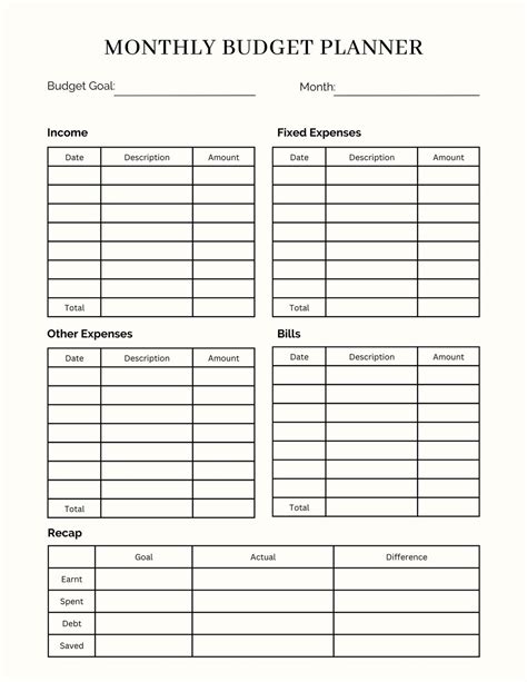 Printable Monthly Budget Sheet