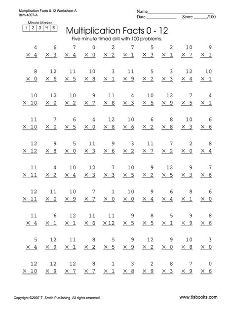 Printable Multiplication Test 012