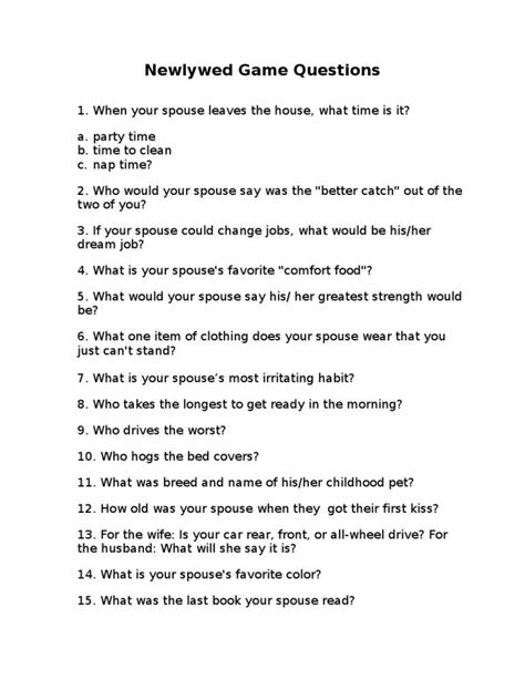 Printable Newlywed Game Questions Printable Questions And Answers