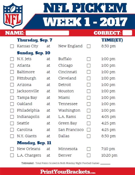 Printable Nfl Week 1 Schedule Customize and Print